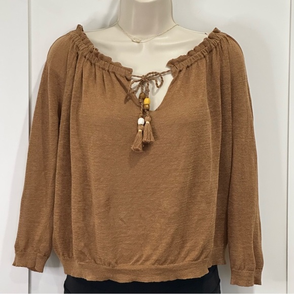 Sézane Pull Dolores Linen Blouse Brown XS Off Shoulder Boho Peasant Romantic - Picture 4 of 10